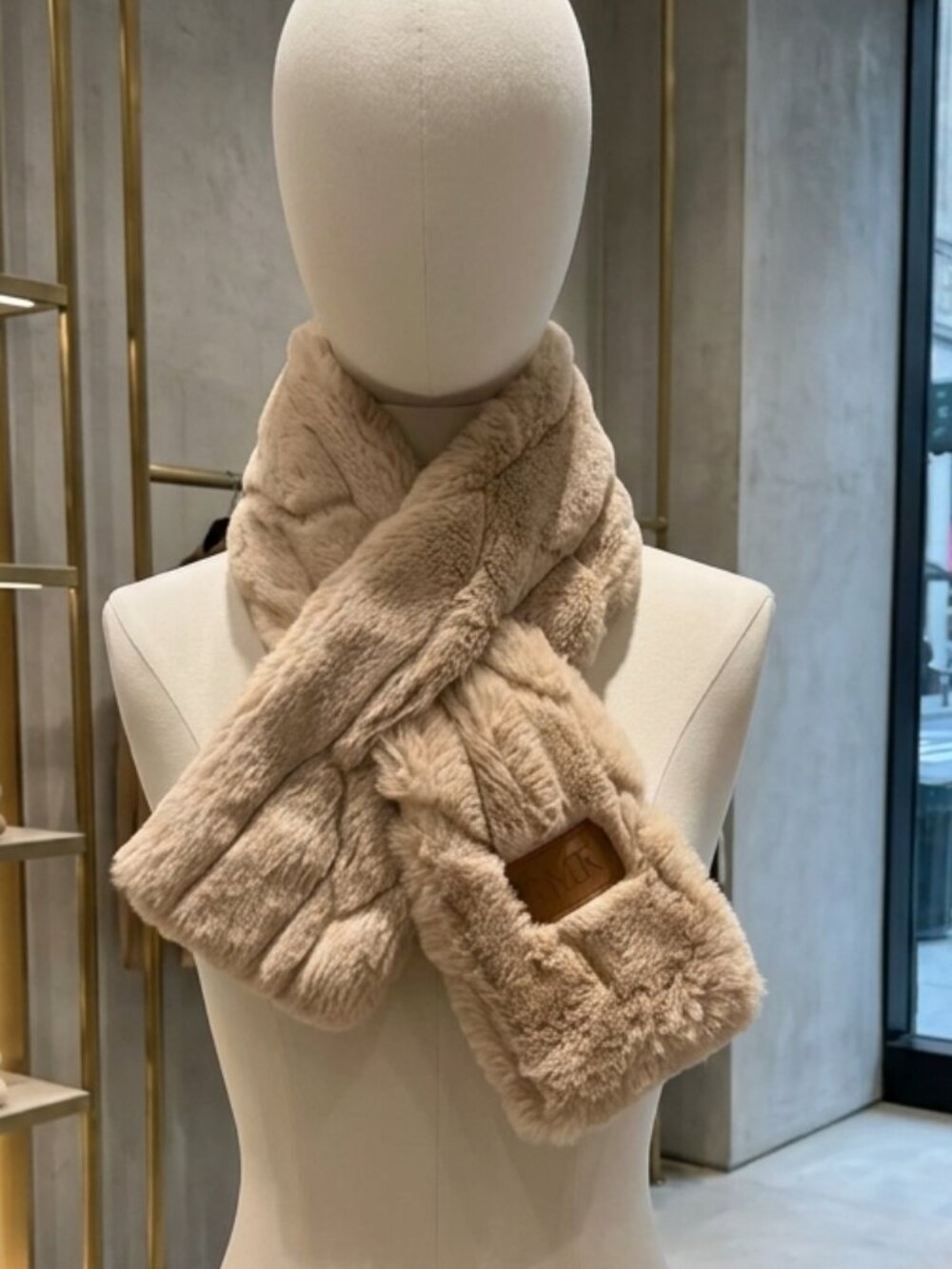 RMK Faux Fur Pull Through Scarf Beige Plush Winter Neck Warmer Soft Cozy